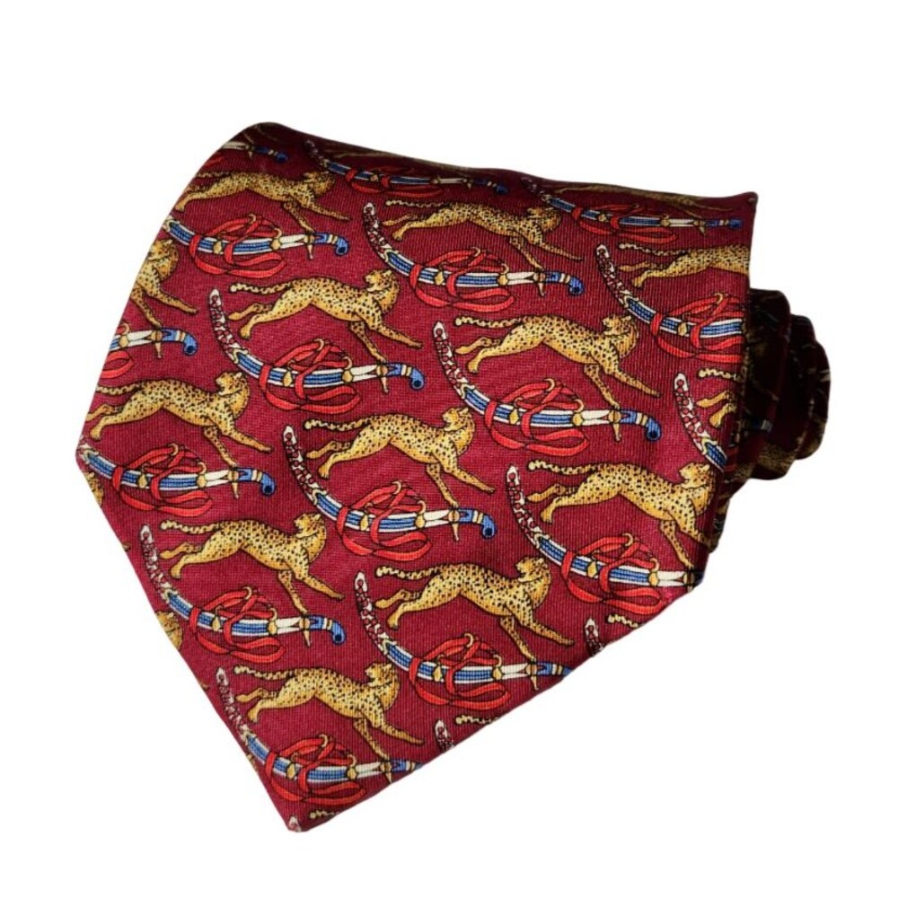 Salvatore Ferragamo 100% Silk Mens Tie Necktie Cheetah & Swords Print Red
